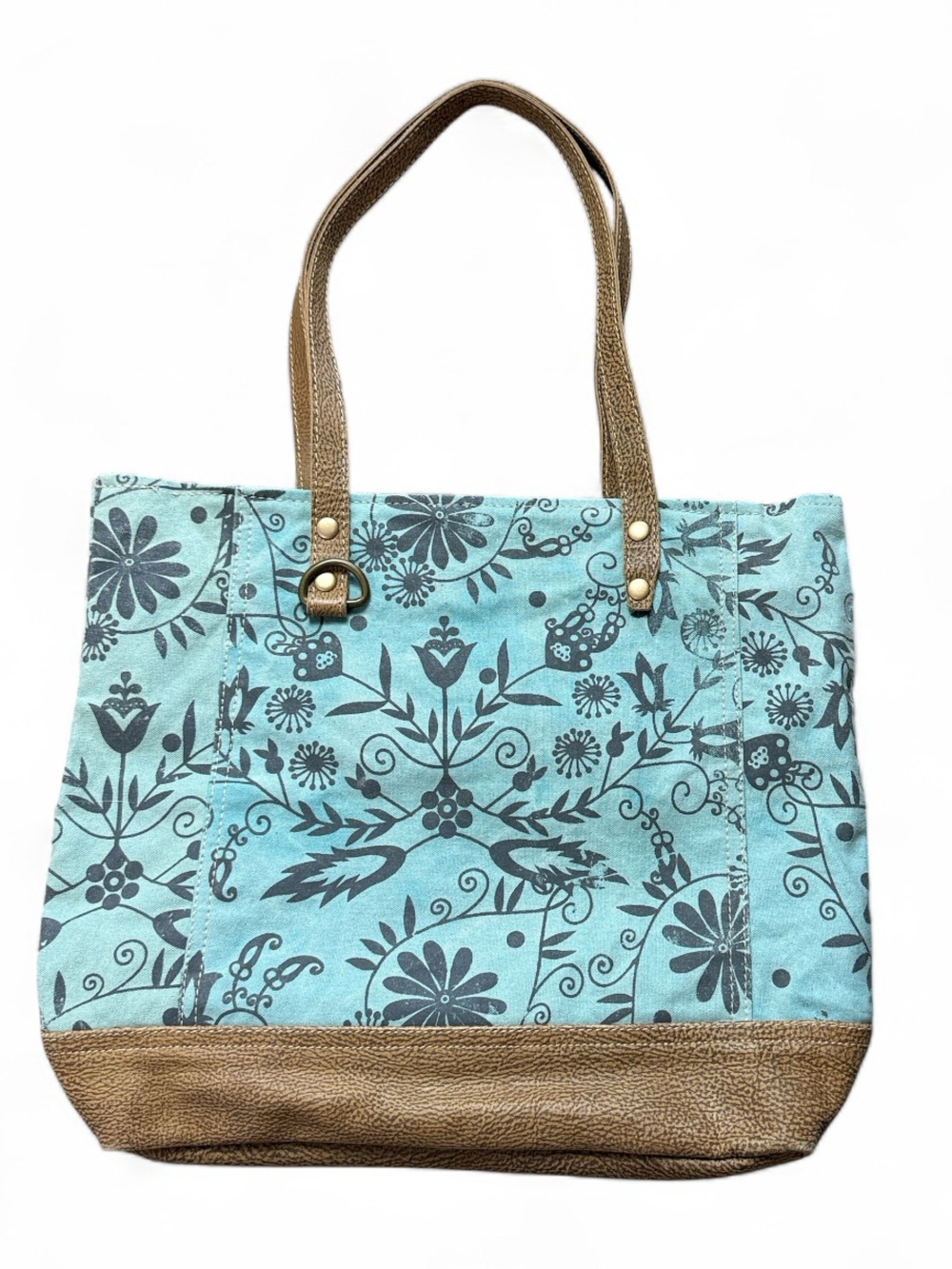 Myra Bag Blue Canvas Floral Tote Bag with Brown Accents - Picture 2 of 8